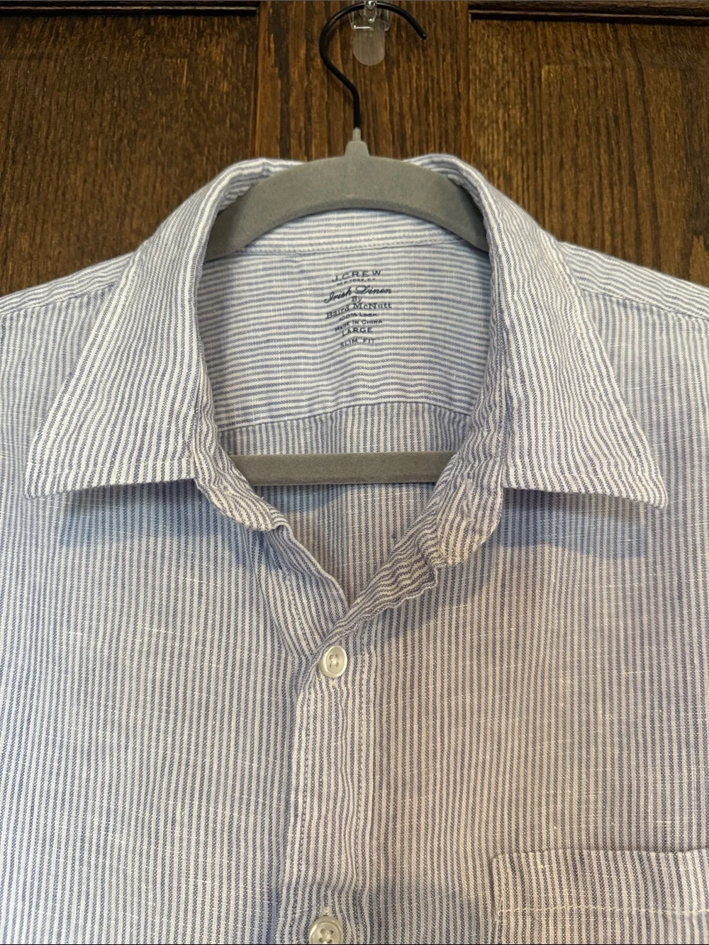 J. Crew Irish Linen by Baird McNutt Light Blue Pinstripe Button-Up Shirt Large